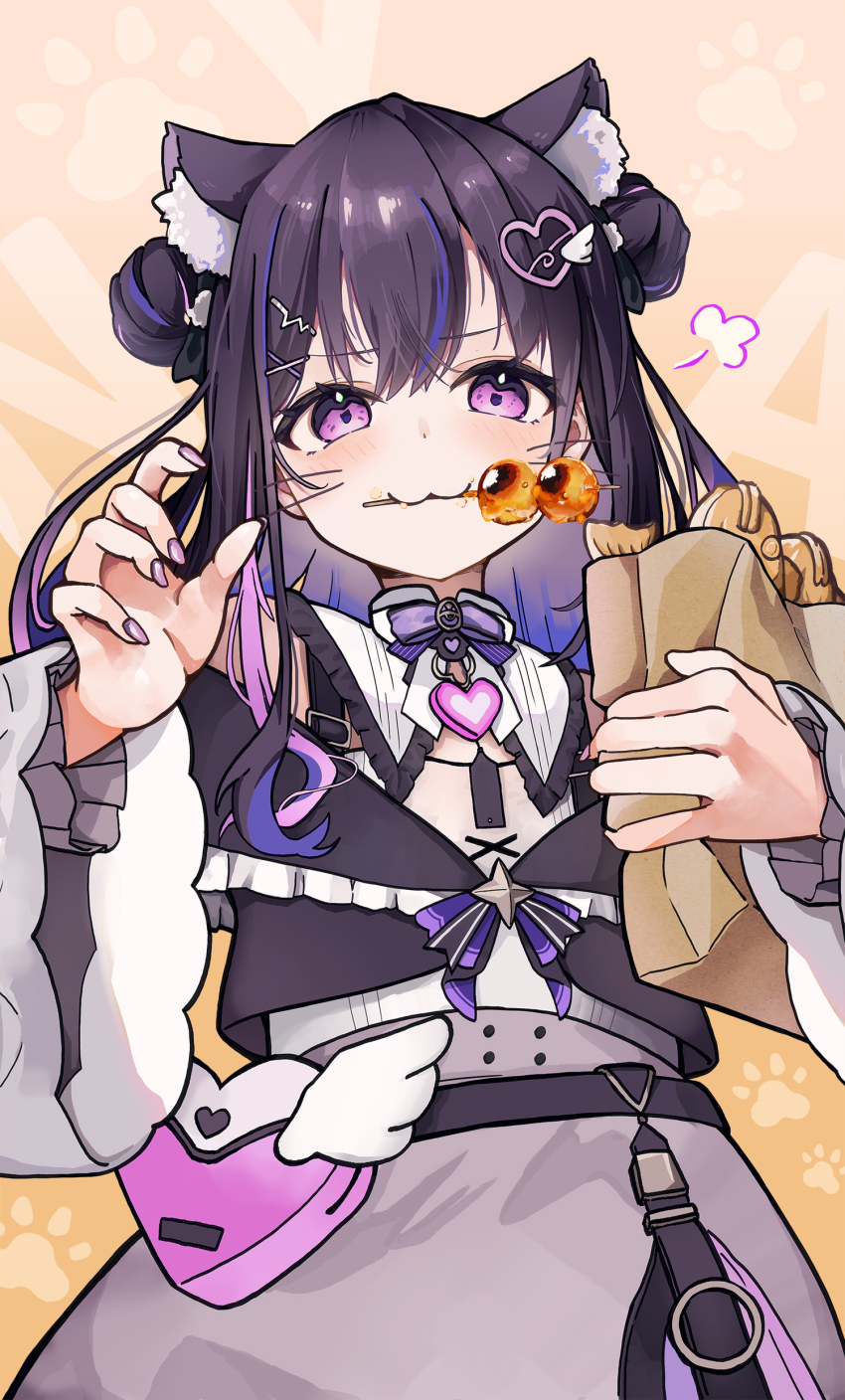 1girl :3 absurdres animal_ear_fluff animal_ears bag bare_shoulders black_bow black_hair black_jacket blue_hair blush bow bowtie cat_ears claw_pose closed_mouth colored_inner_hair commentary cowboy_shot cropped_jacket dango detached_collar double-parted_bangs double_bun fingernails flat_chest food frilled_jacket frilled_shirt_collar frills furrowed_brow gradient_background gradient_hair grey_hair grey_skirt hair_bow hair_bun hair_ornament hairclip hands_up heart heart-shaped_bag heart_hair_ornament highres holding holding_bag jacket kemonomimi_mode long_hair long_sleeves looking_at_viewer looking_down mikure_narin mitarashi_dango mouth_hold multicolored_bag multicolored_hair nail_polish off_shoulder orange_background paper_bag paw_print paw_print_background pink_bag pink_hair puff_of_air purple_bow purple_bowtie purple_eyes purple_nails shia_makino shirt shirt_tucked_in simple_background skewer skirt solo star_(symbol) streaked_hair taiyaki thick_eyelashes virtual_youtuber vspo! vspo!_en wagashi white_bag white_shirt wide_sleeves x_hair_ornament