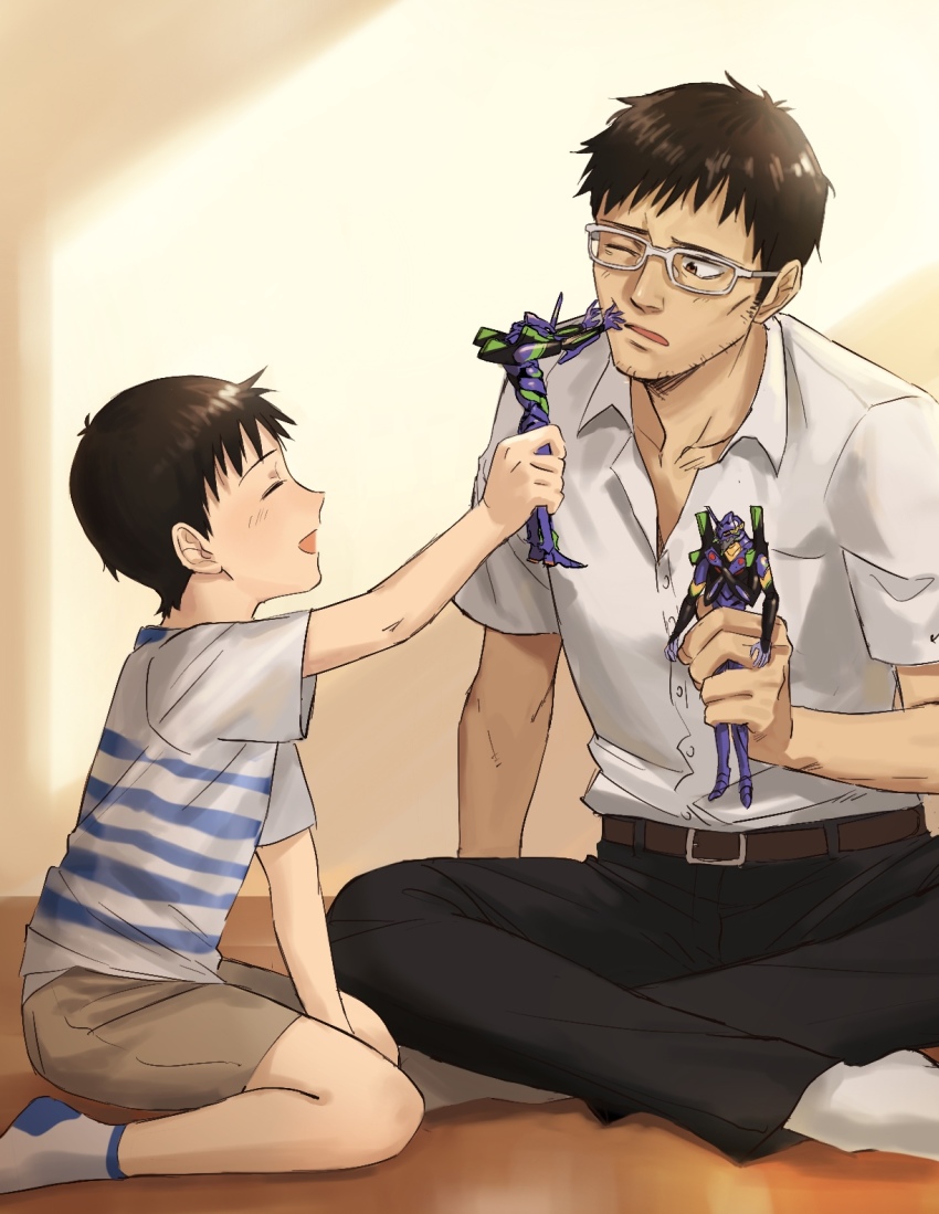2boys belt brown_eyes eva_01 eva_13 father_and_son glasses highres holding holding_toy humanoid_robot ikari_gendou ikari_shinji multiple_boys neon_genesis_evangelion open_mouth pants rebuild_of_evangelion robot rott_ur shirt shorts smile socks striped_clothes striped_shirt toy white_shirt