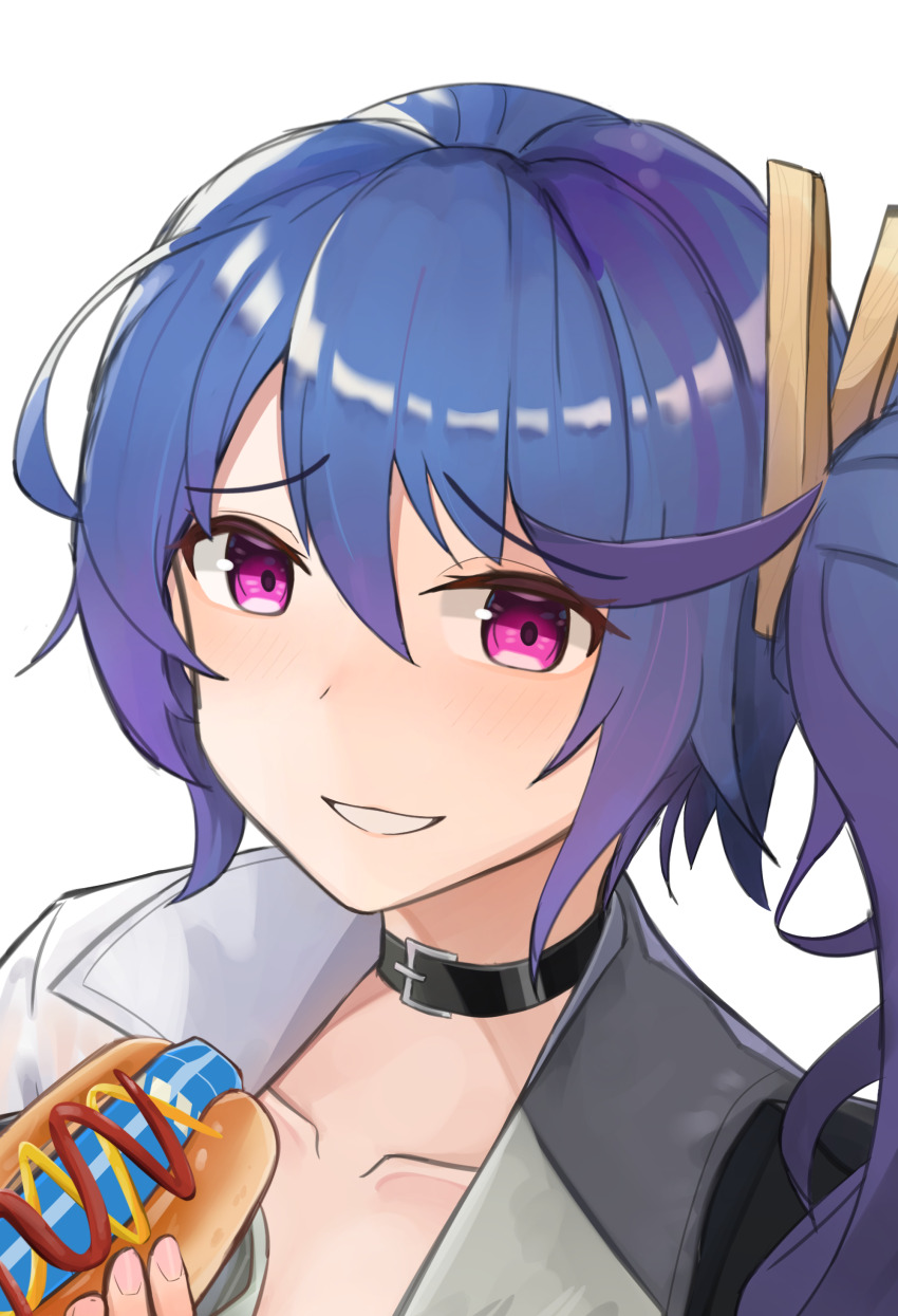 1girl absurdres ammunition belt_buckle belt_collar black_collar black_jacket blue_hair blush buckle clothes_pin collar collarbone collared_shirt commentary english_commentary explosive fingernails food furrowed_brow gamryous girls&#039;_frontline gradient_hair grenade grin highres holding holding_food hot_dog jacket k11_(girls&#039;_frontline) ketchup long_hair looking_at_viewer multicolored_hair mustard open_clothes open_jacket portrait purple_eyes purple_hair shirt side_ponytail simple_background single_off_shoulder smile solo two-tone_hair white_background white_shirt