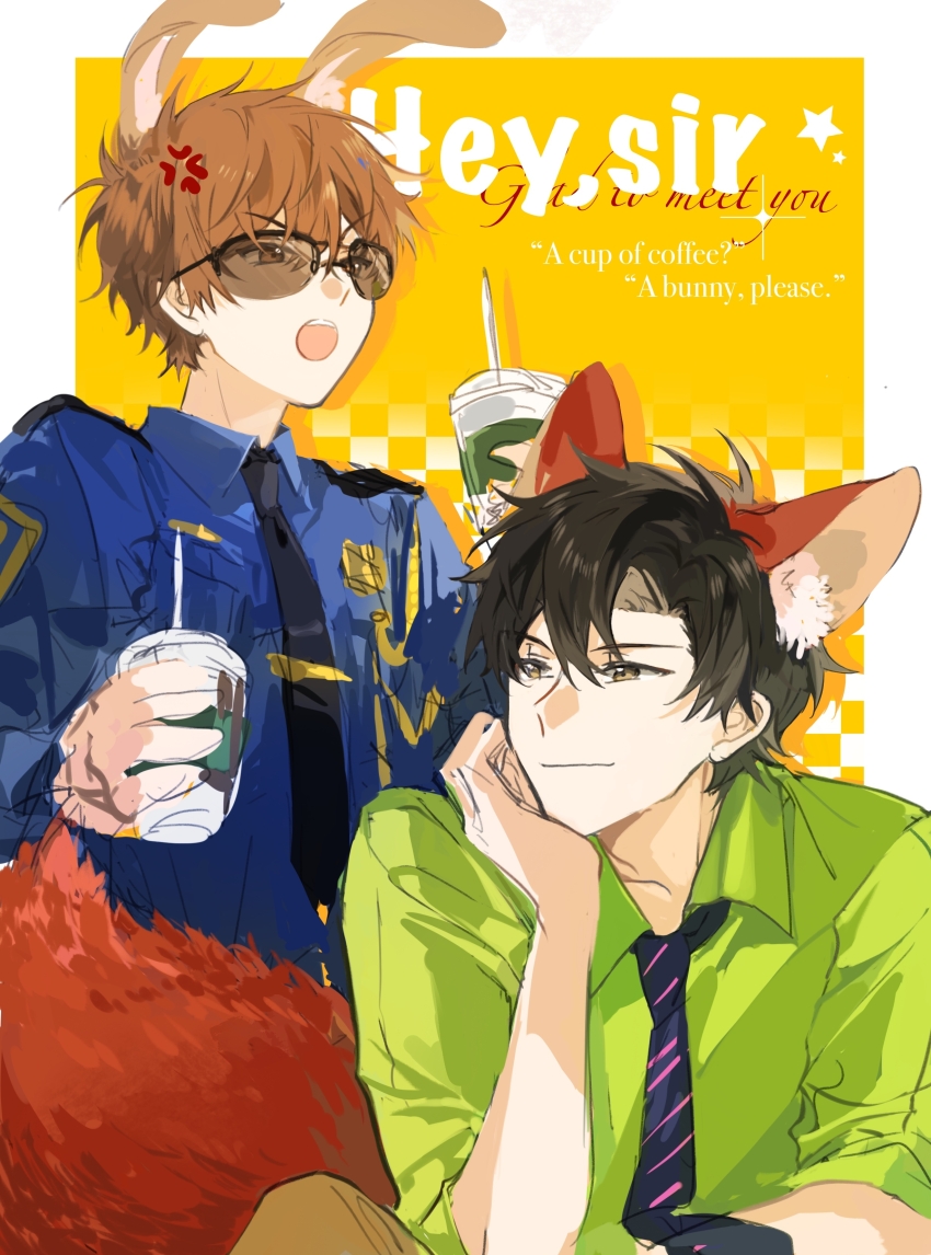 2boys absurdres alternate_costume anger_vein animal_ears artie-kirkland black_hair black_necktie blue_shirt brown_eyes brown_hair character_name chinese_commentary closed_mouth collared_shirt cosplay crossover cup disposable_cup drinking_straw english_text fox_boy fox_ears fox_tail green_shirt hair_between_eyes head_rest highres holding holding_cup huang_shaotian judy_hopps judy_hopps_(cosplay) kemonomimi_mode long_sleeves looking_at_another male_focus multiple_boys necktie nick_wilde nick_wilde_(cosplay) open_mouth pants police police_uniform quan_zhi_gao_shou rabbit_boy rabbit_ears shirt short_hair sitting smile star_(symbol) striped_necktie sunglasses tail upper_body yaoi ye_xiu yellow_background zootopia