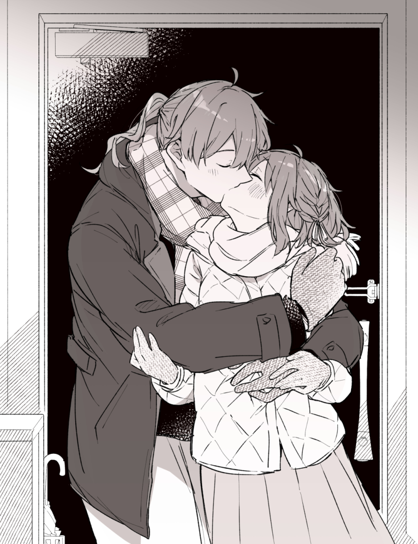 1boy 1girl ahoge alternate_costume alternate_hairstyle arm_around_waist blush braid closed_eyes coat commentary_request couple cowboy_shot door fate/grand_order fate_(series) fujimaru_ritsuka_(female) gloves greyscale hair_ribbon hand_on_hand hetero highres hug jacket kak_hac kiss long_hair long_sleeves medium_hair monochrome pants plaid_clothes plaid_scarf ribbon romani_archaman scarf shirt skirt umbrella winter_clothes winter_coat