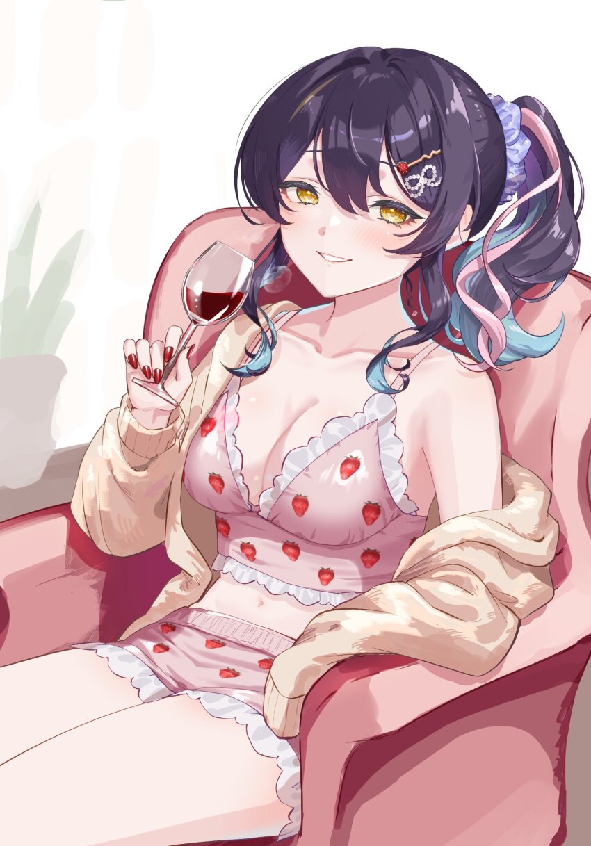 1girl alcohol alternate_costume alternate_hairstyle blue_hair blush breasts collarbone colored_inner_hair commentary cup drinking_glass english_commentary fingernails food_print frilled_shorts frills fruit_print grin hair_between_eyes hair_ornament hair_scrunchie hairclip highres holding holding_cup jacket lua_asuka medium_hair multicolored_hair nail_polish pink_hair pink_shorts production_kawaii purple_hair purple_scrunchie red_nails rullep scrunchie second-party_source shorts side_ponytail sidelocks sitting smile solo strawberry_print streaked_hair teeth virtual_youtuber wine wine_glass yellow_eyes yellow_jacket