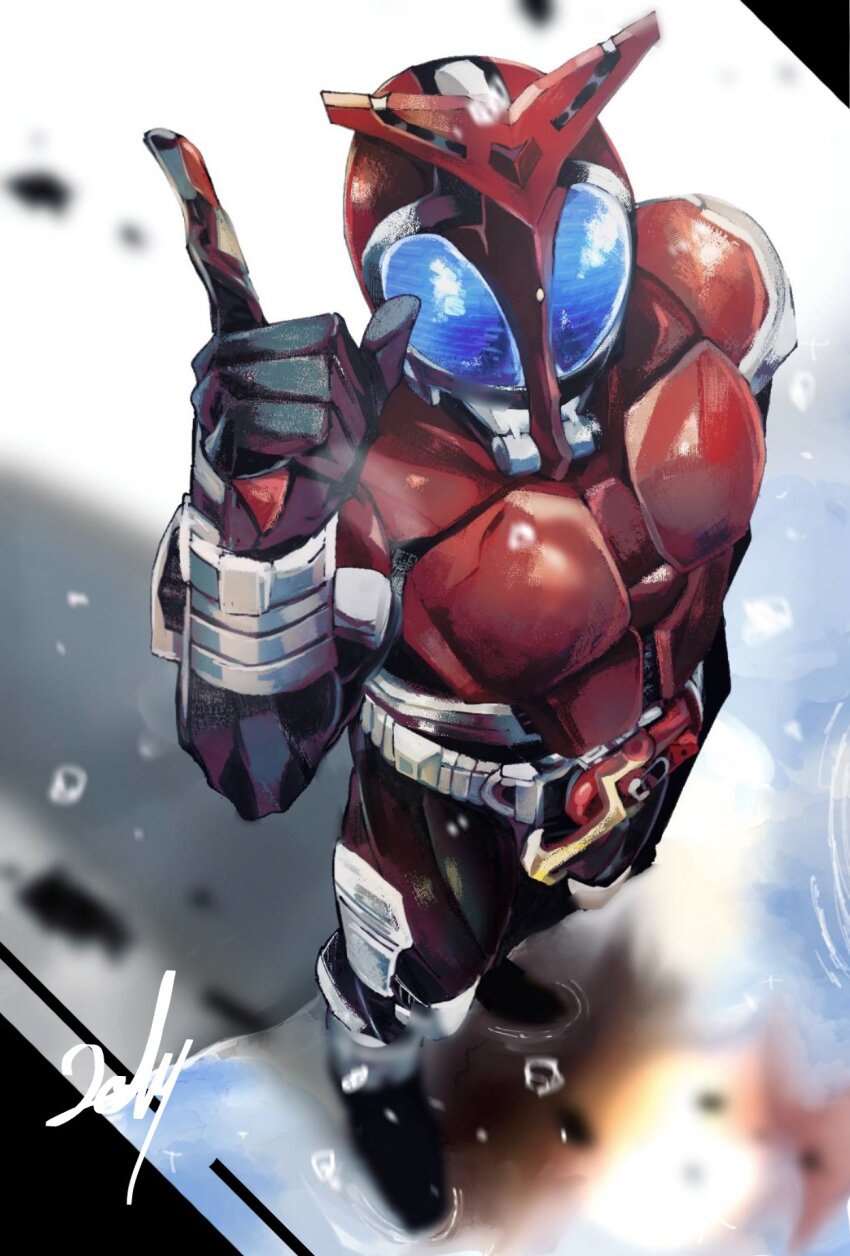 1boy armor blurry blurry_background from_above full_body helmet highres kamen_rider kamen_rider_kabuto kamen_rider_kabuto_(series) male_focus ni_celery_pk red_armor red_helmet solo standing tokusatsu
