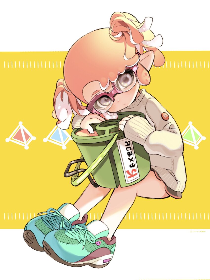 1girl amezawa_koma black_shorts blue_shoes closed_mouth commentary_request dolphin_shorts expressionless full_body glasses grey_eyes head_tilt highres holding holding_weapon inkling inkling_girl inkling_player_character invisible_chair long_sleeves looking_at_viewer nintendo over-rim_eyewear pink-framed_eyewear pink_hair pointy_ears semi-rimless_eyewear shoes short_hair short_twintails shorts sidelocks sitting sneakers solo splat_bomb_(splatoon) splatoon_(series) splatoon_2 sweater swept_bangs tentacle_hair tri-slosher_(splatoon) twintails weapon white_sweater