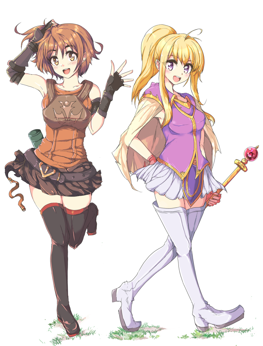 2girls :d armor asymmetrical_clothes bad_id bad_pixiv_id bare_shoulders belt belt_skirt black_footwear black_legwear blonde_hair blue_eyes boots breasts brown_eyes brown_hair clarine_(fire_emblem) dorothy_(fire_emblem) echizen_(hvcv) fingerless_gloves fire_emblem fire_emblem:_the_binding_blade freckles gloves highres long_hair miniskirt multiple_girls nintendo open_mouth ponytail purple_eyes short_hair sidelocks skirt small_breasts smile staff standing standing_on_one_leg thigh_boots thighhighs white_footwear white_legwear zettai_ryouiki