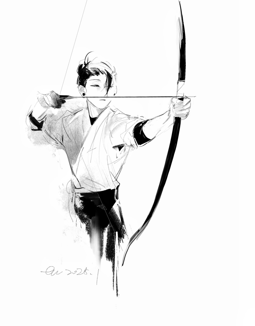 1boy archery arrow_(projectile) artistguillotine bow_(weapon) chinese_commentary closed_mouth commentary_request dated earrings getou_suguru greyscale highres holding holding_bow_(weapon) holding_weapon japanese_clothes jewelry jujutsu_kaisen kimono kyuudou monochrome short_hair short_sleeves signature simple_background sketch solo weapon white_background yumi_(bow)
