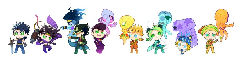 2girls 6+boys blue_eyes chibi crazy_diamond double_bun family giorno_giovanna gold_experience green_eyes hair_bun hammer higashikata_josuke higashikata_josuke_(jojolion) johnny_joestar jojo_no_kimyou_na_bouken jojolion jonathan_joestar joseph_joestar joseph_joestar_(young) kuujou_jolyne kuujou_joutarou multicolored_hair multiple_boys multiple_girls oburaato pompadour simple_background sledgehammer soft_&amp;_wet stand_(jojo) star_platinum steel_ball_run stone_free sword tusk_(stand) tusk_act4 two-tone_hair vento_aureo weapon white_background
