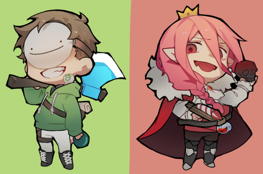 2boys androgynous axe boots braid cape chibi chibi_only commentary crown damelives dream_(youtuber) dream_(youtuber)_(blob) dream_smp dreamxd ender_pearl full_body fur-trimmed_cape fur_trim green_hoodie grin holding holding_axe hood hood_down hoodie humanization light_brown_hair long_hair male_focus mask minecraft minecraft_axe minecraft_youtube multiple_boys open_mouth pants pink_hair pointy_ears potion red_cape red_eyes sharp_teeth shirt short_hair simple_background single_braid smile smiley_face standing technoblade teeth white_pants white_shirt