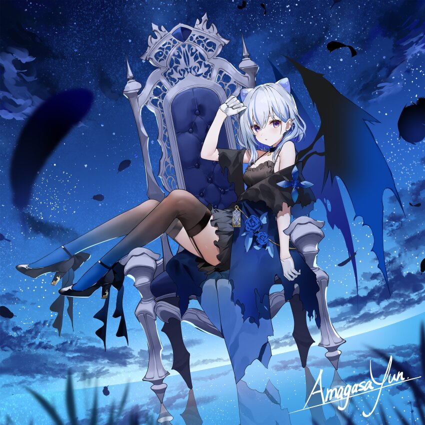 1girl absurdres amagasa_yun animal_ears black_choker black_dress black_shoes black_thighhighs blue_flower blue_hair chair choker cloud colored_inner_hair commentary dress ear_piercing flower gloves high_heels highres iriam miria_(iriam) multicolored_hair piercing purple_eyes reflection second-party_source shoes signature solo star_(sky) streaked_hair symbol-only_commentary thighhighs two-tone_hair white_gloves white_hair