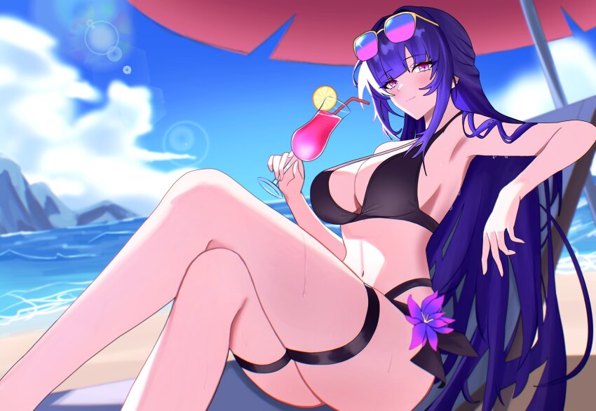 1girl absurdres alternate_costume bare_shoulders beach bikini black_bikini blue_sky breasts cleavage closed_mouth commentary crossed_legs cup day drinking_glass drinking_straw eyewear_on_head food fruit halterneck highres holding holding_cup honkai_(series) honkai_impact_3rd large_breasts lemon lemon_slice light_blush long_hair looking_at_viewer navel ocean outdoors purple_eyes purple_hair raiden_mei sky smile solo stomach sunglasses swimsuit thighs very_long_hair wet yue_kanade