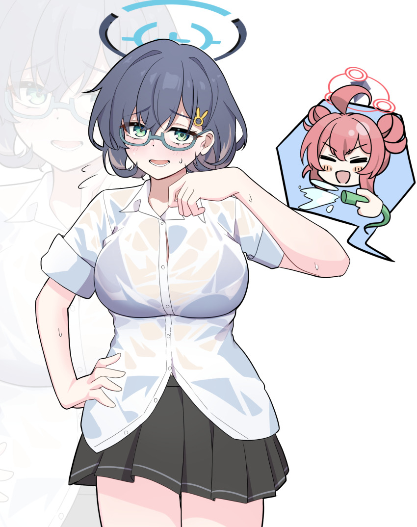 2girls absurdres aqua-framed_eyewear black_hair black_skirt blue_archive blush blush_stickers bra_visible_through_clothes breasts chihiro_(blue_archive) closed_eyes collared_shirt commentary cowboy_shot double_bun glasses green_eyes hair_between_eyes hair_bun hair_ornament halo hand_on_own_hip highres holding holding_hose hose large_breasts looking_at_viewer maki_(blue_archive) makurino multiple_girls open_mouth pleated_skirt rabbit_hair_ornament red_hair see-through_clothes see-through_shirt semi-rimless_eyewear shirt short_hair sidelocks simple_background skirt sleeves_rolled_up solo_focus standing under-rim_eyewear wet wet_clothes wet_shirt white_background white_shirt zoom_layer