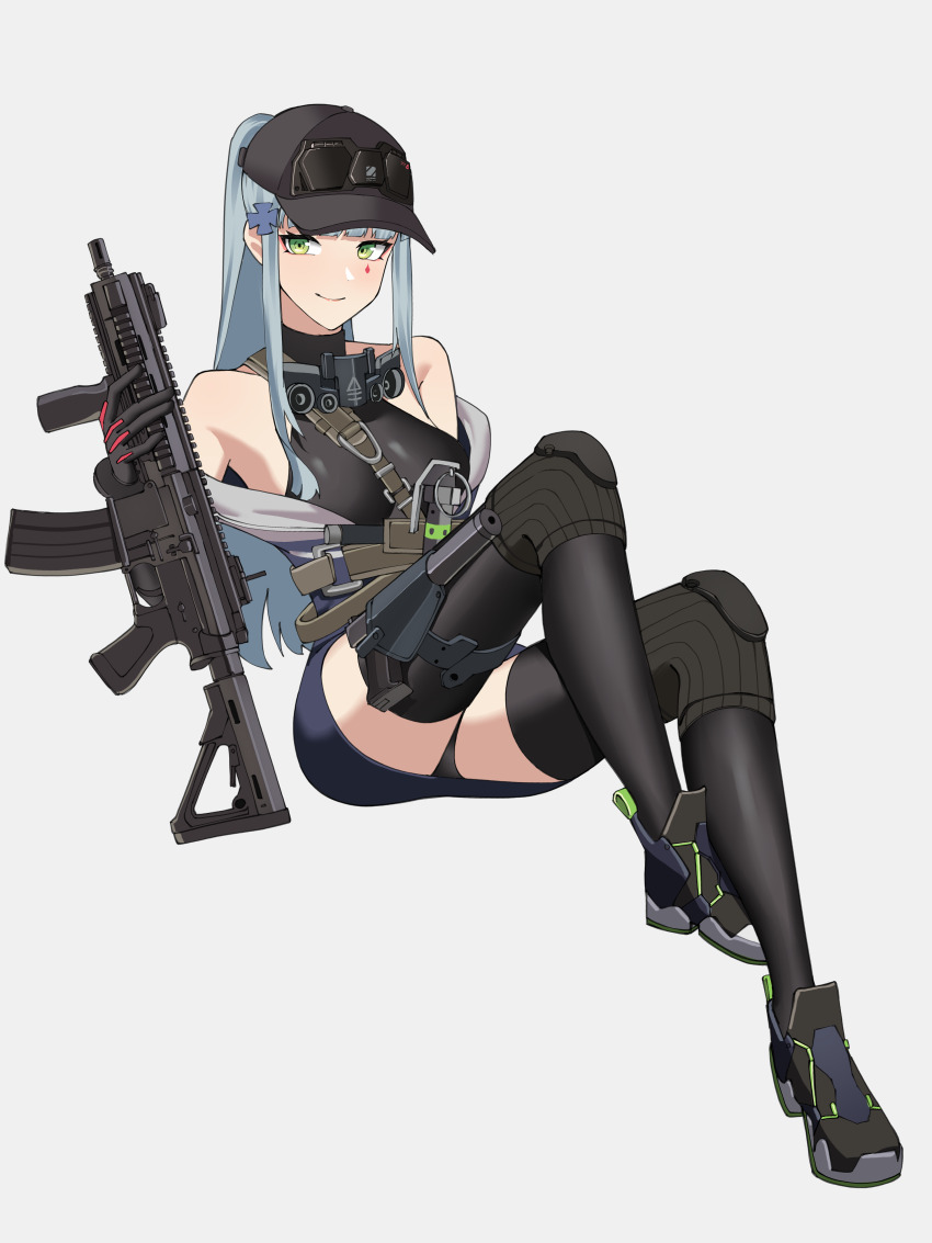 1girl absurdres assault_rifle bare_shoulders baseball_cap black_gloves black_hat black_shirt black_shoes black_thighhighs blue_skirt blush breasts closed_mouth commentary facial_mark full_body gar32 girls&#039;_frontline gloves green_eyes grey_background grey_hair gun h&amp;k_hk416 hair_ornament hat highres hk416_(girls&#039;_frontline) holding holding_gun holding_weapon klukai_(girls&#039;_frontline_2) knee_pads knee_up long_hair medium_breasts ponytail rifle shirt shoes sidelocks simple_background skirt sleeveless sleeveless_shirt smile solo thighhighs very_long_hair weapon