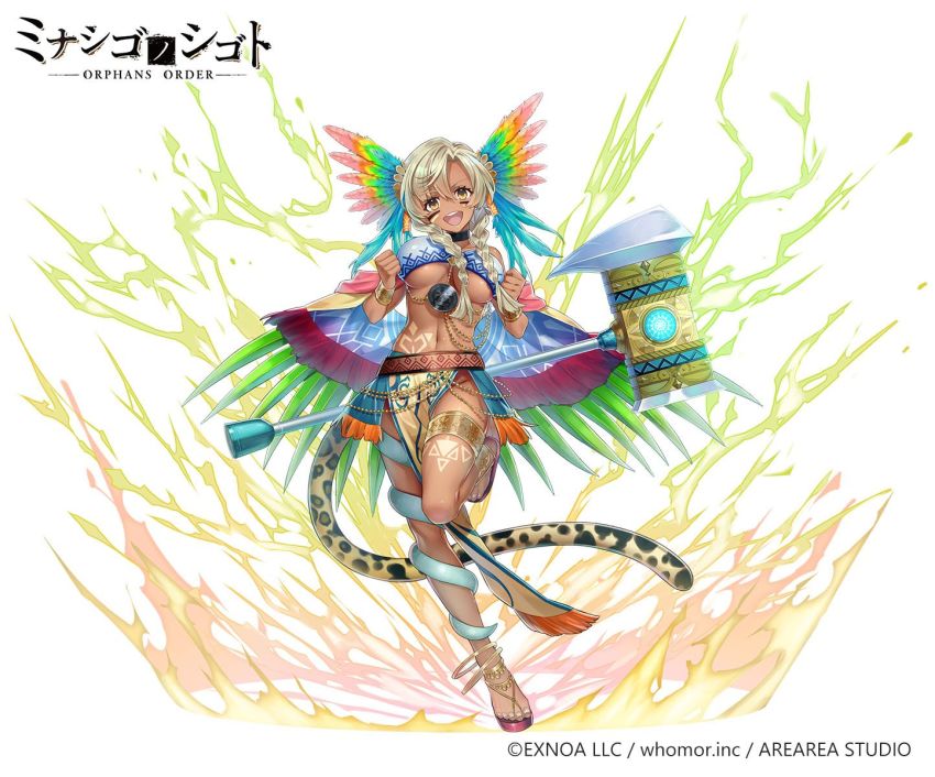 1girl :d bikini bikini_top_only black_choker braid breasts brown_hair choker cleavage copyright_notice dark-skinned_female dark_skin facial_mark fringe_trim hair_over_shoulder hammer head_tilt highres large_breasts long_hair looking_at_viewer low_twintails navel official_art open_mouth orphans_order pelvic_curtain red_sandals ryuuki_(hydrangea) sandals simple_background smile solo standing standing_on_one_leg swimsuit tail teeth tiger_tail twin_braids twintails upper_teeth_only watermark white_background white_bikini
