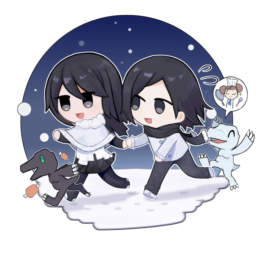 absurdres agumon_(black) black_eyes black_hair brother_and_sister digimon digimon_story:_cyber_sleuth fei_wong_tomoe_ignacio highres kamishiro_yuugo kamishiro_yuuko long_hair short_hair siblings yukiagumon