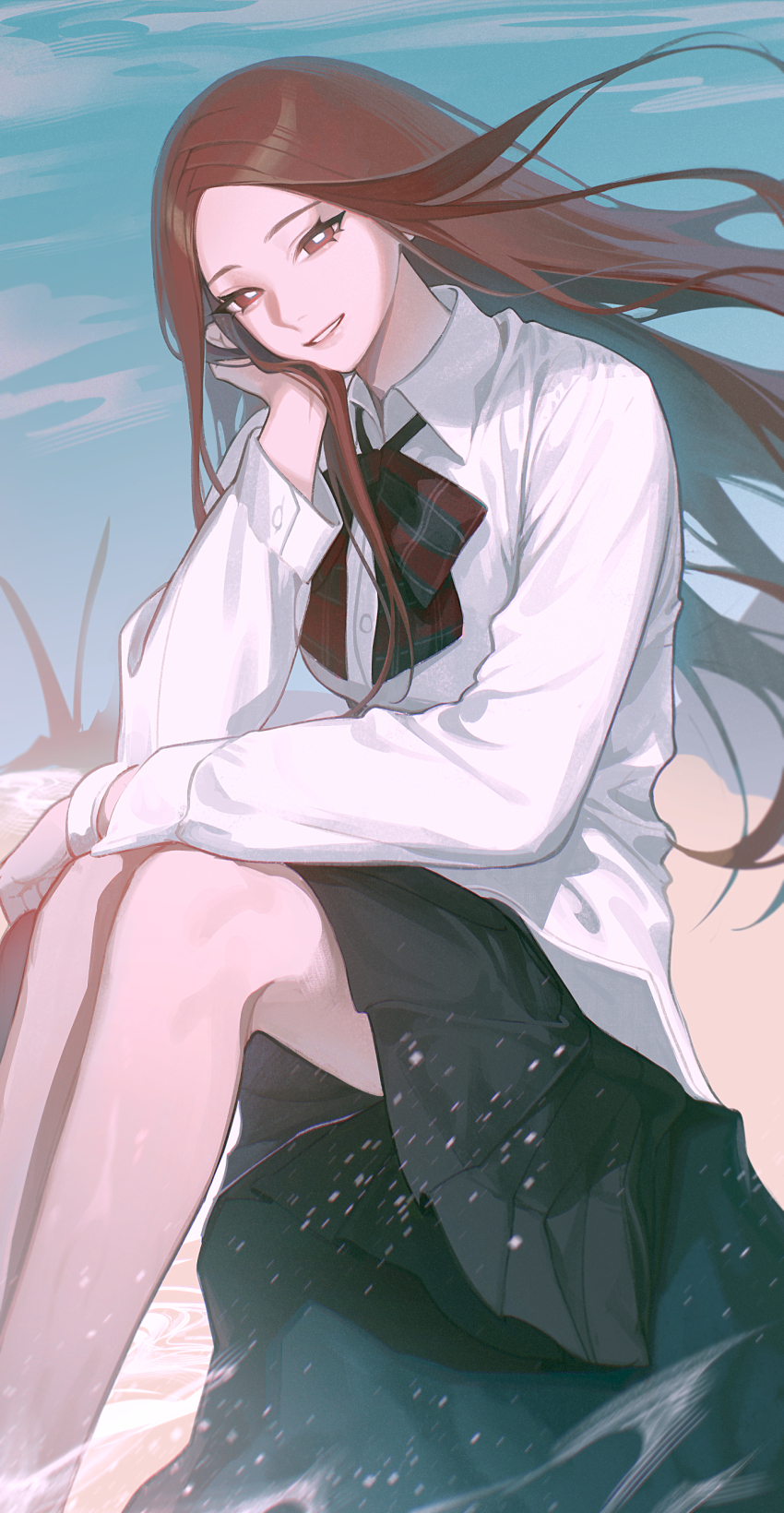 1girl absurdres beach black_skirt blue_sky bright_pupils brown_hair cloud cloudy_sky collar collared_shirt commentary commentary_request diao_chan_(k.o._3an_guo) english_commentary gootai highres in_water k.o._3an_guo legs_together long_hair long_sleeves looking_at_viewer mixed-language_commentary red_eyes sand shirt sitting skirt sky smile solo water white_collar white_pupils white_shirt