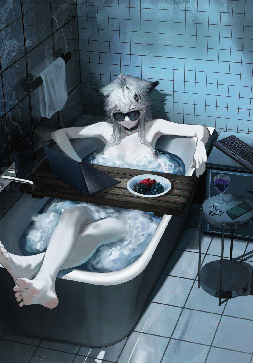 absurdres animal_ears arknights barefoot bathing bathroom blackberry_(fruit) blueberry collar computer computer_keyboard cup drinking_glass feet food fruit highres in_bathtub kiqusha lappland_(arknights) lappland_the_decadenza_(arknights) lappland_the_decadenza_(unruly_humbleness)_(arknights) laptop looking_at_viewer raspberry smirk soap_bubbles soles sunglasses toes white_hair wine_glass wolf_ears wolf_girl