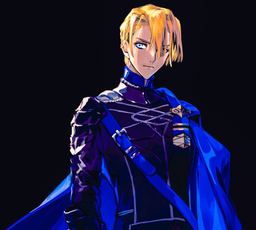 1boy armor belt belt_buckle black_background black_shirt blonde_hair blue_belt blue_cape blue_eyes buckle cape chest_belt closed_mouth commentary_request dimitri_alexandre_blaiddyd domu_(hamadura) fire_emblem fire_emblem:_three_houses garreg_mach_monastery_uniform hair_between_eyes hair_over_one_eye highres looking_to_the_side male_focus nintendo pauldrons school_uniform shirt shoulder_armor side_cape sideways_glance simple_background single_pauldron solo upper_body