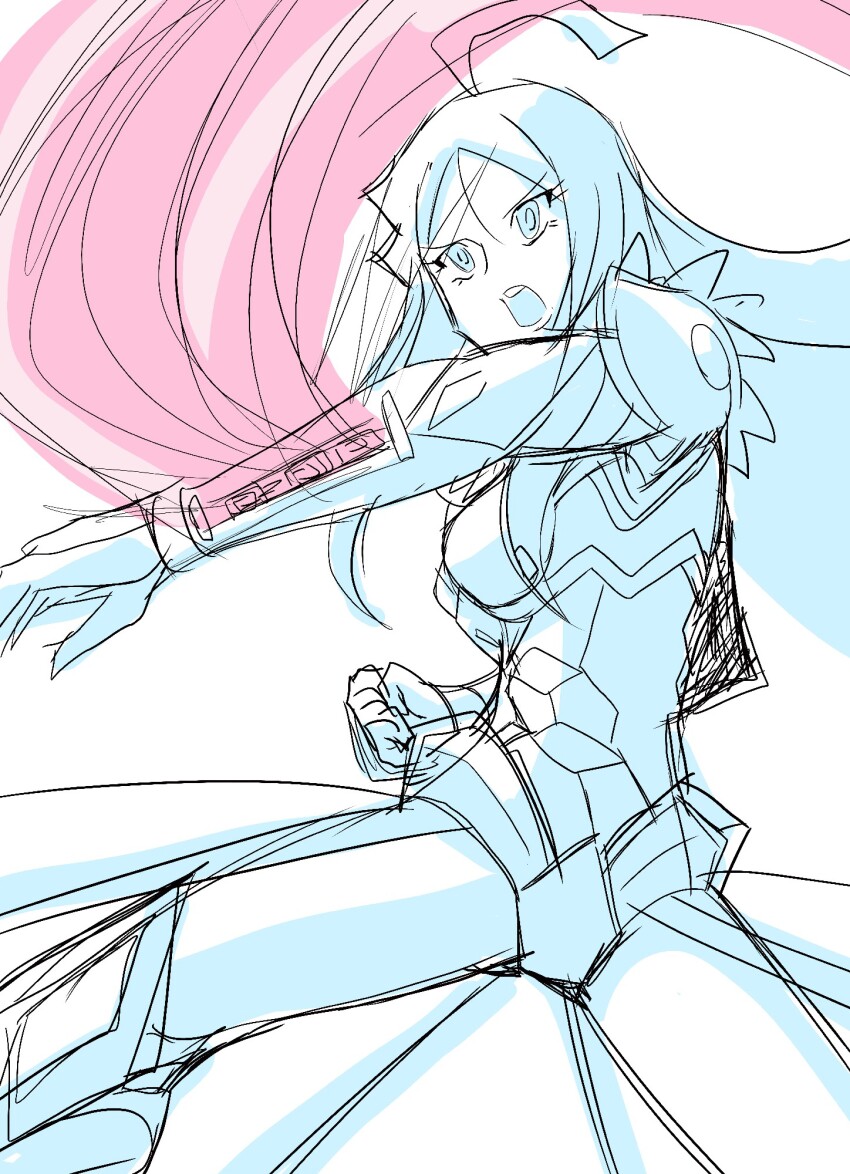 1girl armor armored_boots armored_gloves armored_leotard boots breasts digimon digimon_(creature) female_focus fur_collar highres hudiemon leotard long_hair looking_at_another medium_breasts open_mouth ph6xeivbgpimggg shoulder_armor sketch skirt slashing spread_legs
