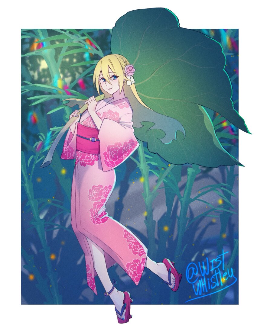 1girl blazblue blonde_hair blue_eyes highres japanese_clothes kimono long_hair mu-12 noel_vermillion sandalia wide_sleeves wistwhistley