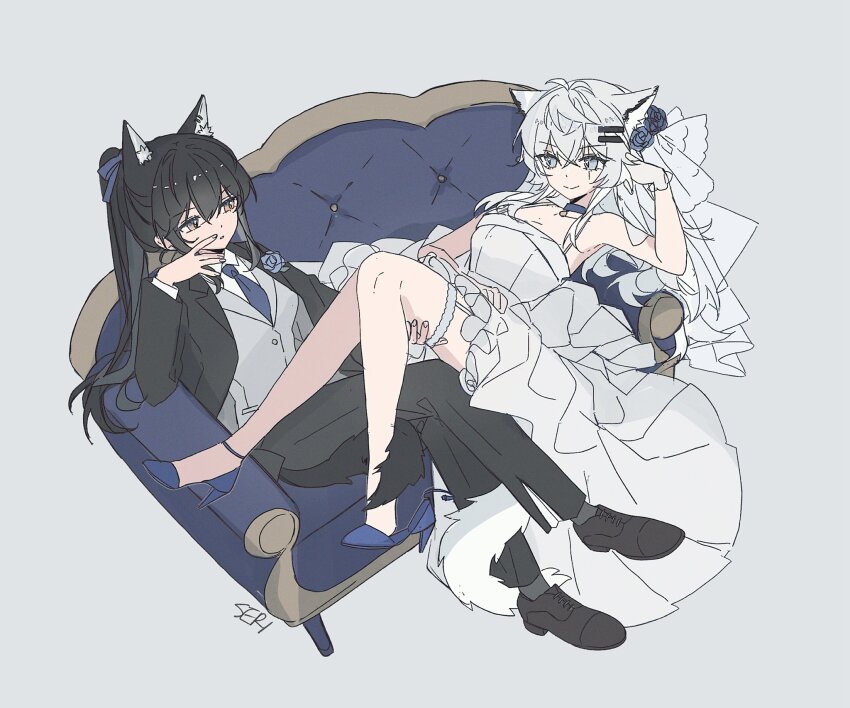 2girls animal_ears arknights black_hair black_jacket black_pants black_shoes black_vs_white blue_choker blue_eyes blue_flower blue_necktie blue_rose blue_shoes choker closed_mouth collared_shirt commentary couch dress female_focus flower gloves grey_background grey_vest hair_flower hair_ornament hand_on_another&#039;s_thigh high_heels highres jacket lappland_(arknights) long_hair looking_at_another multiple_girls necktie on_couch orange_hair pants parted_lips ponytail rose scar scar_across_eye scar_on_face seri_(vyrlw) shirt shoes simple_background sitting smile symbol-only_commentary tail tail_around_another&#039;s_leg tail_wrap texas_(arknights) thigh_strap vest wedding_dress white_dress white_gloves white_hair white_shirt wife_and_wife wolf_ears wolf_girl wolf_tail yuri