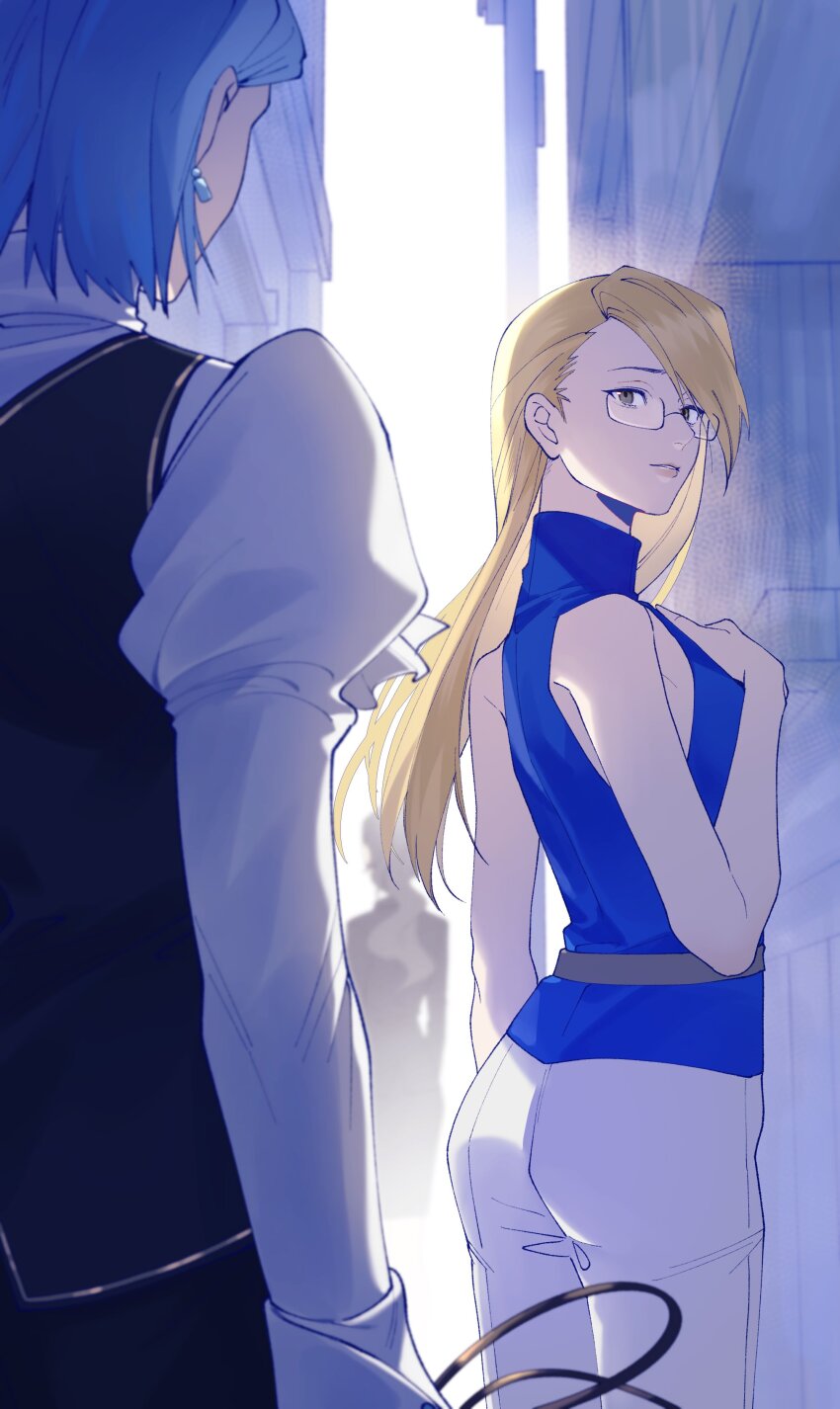 2girls absurdres ace_attorney adrian_andrews alley black_vest blonde_hair blue_hair blue_shirt earrings franziska_von_karma from_behind glasses hair_slicked_back hand_on_own_chest high_collar highres holding holding_whip jewelry juliet_sleeves kharu11 long_hair long_sleeves looking_back multiple_girls pants parted_lips phoenix_wright:_ace_attorney_-_justice_for_all puffy_sleeves shirt short_hair sleeveless sleeveless_shirt sleeveless_turtleneck standing turtleneck vest white_pants