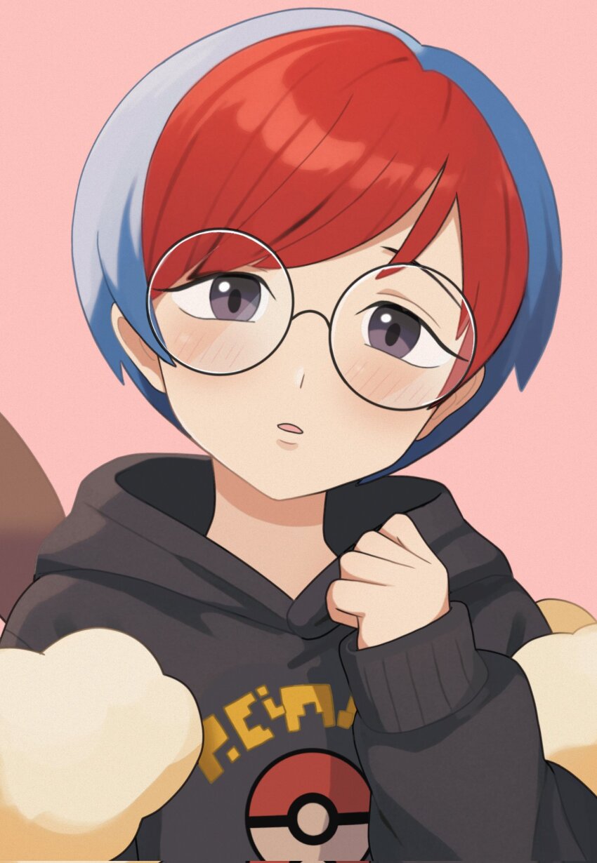 1girl black_hoodie blue_hair commentary glasses grey_eyes highres hood hood_down hoodie light_blush long_sleeves looking_at_viewer multicolored_hair nakikot_t nintendo open_mouth penny_(pokemon) poke_ball_print pokemon pokemon_sv red_hair round_eyewear short_hair sleeves_past_wrists solo symbol-only_commentary two-tone_hair upper_body