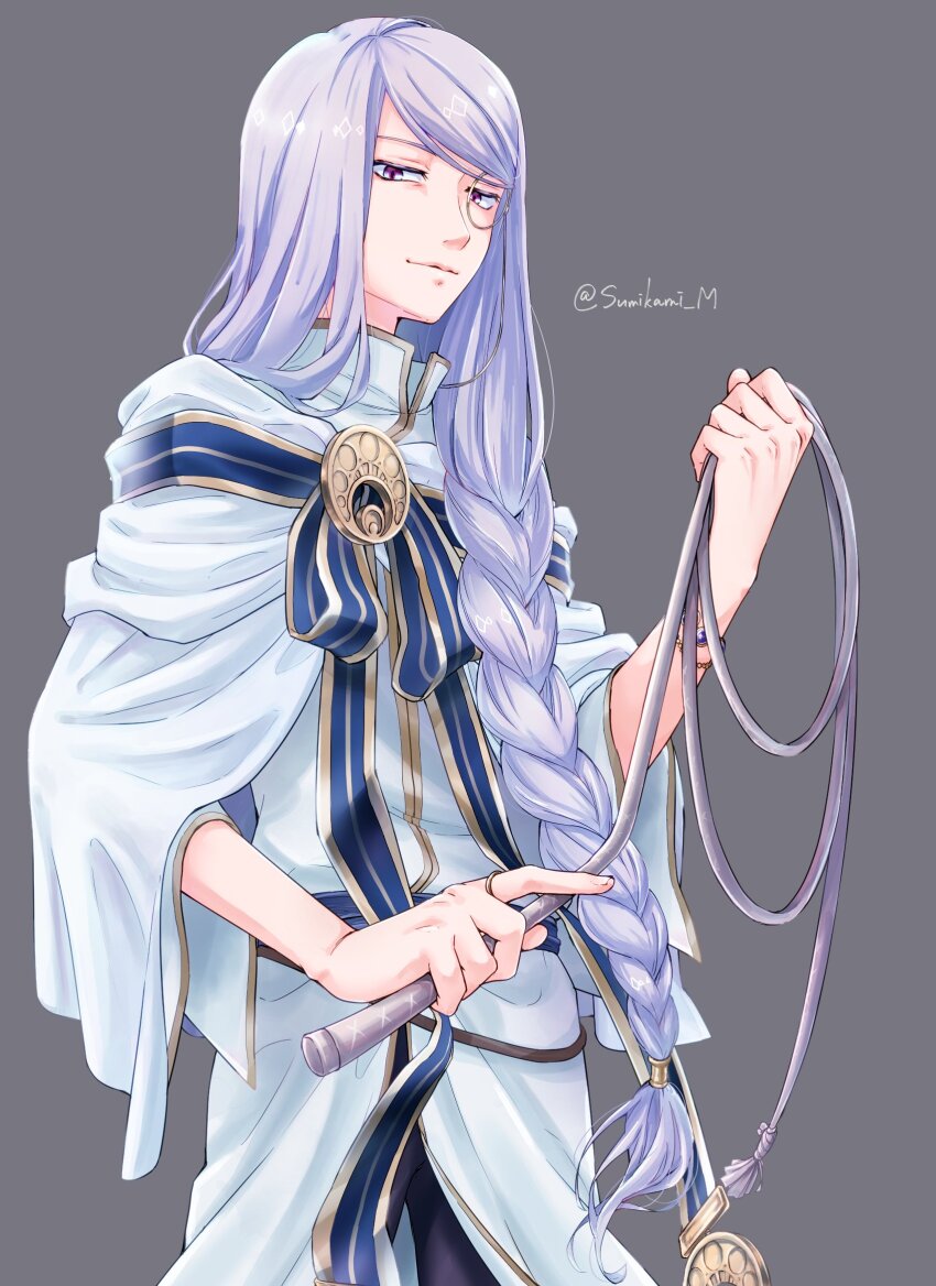 1boy chrom_rem closed_mouth dame_x_prince grey_background highres holding holding_whip jewelry long_hair looking_at_viewer male_focus monocle purple_hair ring simple_background solo sumikami_m twitter_username very_long_hair