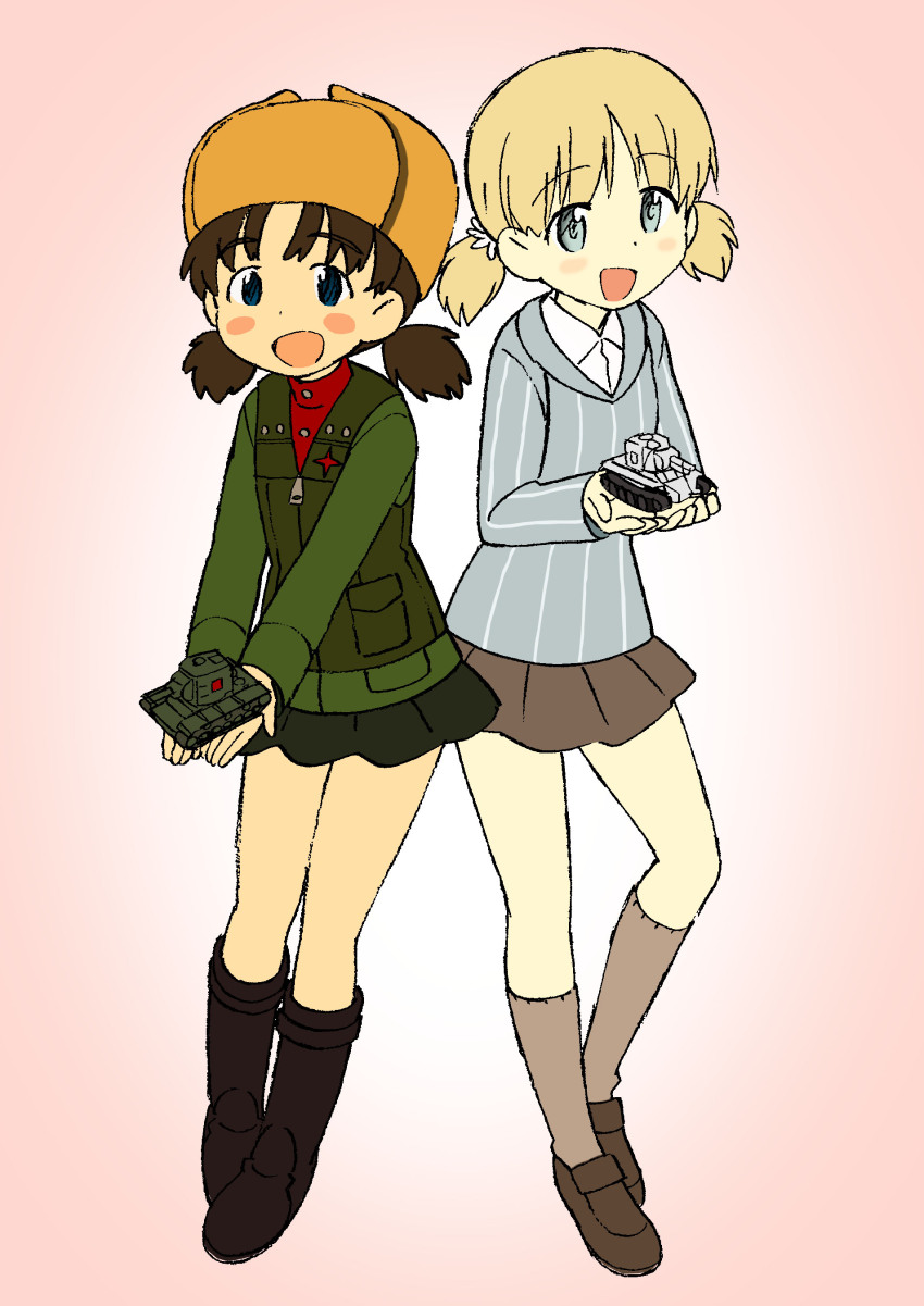 2girls absurdres aki_(girls_und_panzer) black_boots blue_eyes blue_sweater blush boots brown_footwear brown_hair brown_hat bt-42 collared_shirt girls_und_panzer green_jacket green_skirt grey_hair grey_skirt grey_socks grey_vest hat highres hkpd2-from1968 holding holding_toy jacket keizoku_school_uniform kv-2 military_vehicle miniskirt model_tank motor_vehicle multiple_girls nina_(girls_und_panzer) pleated_skirt pravda_military_uniform red_shirt school_uniform shirt short_hair short_twintails skirt smile socks sweater tank toy twintails ushanka vertical-striped_sweater vest white_shirt
