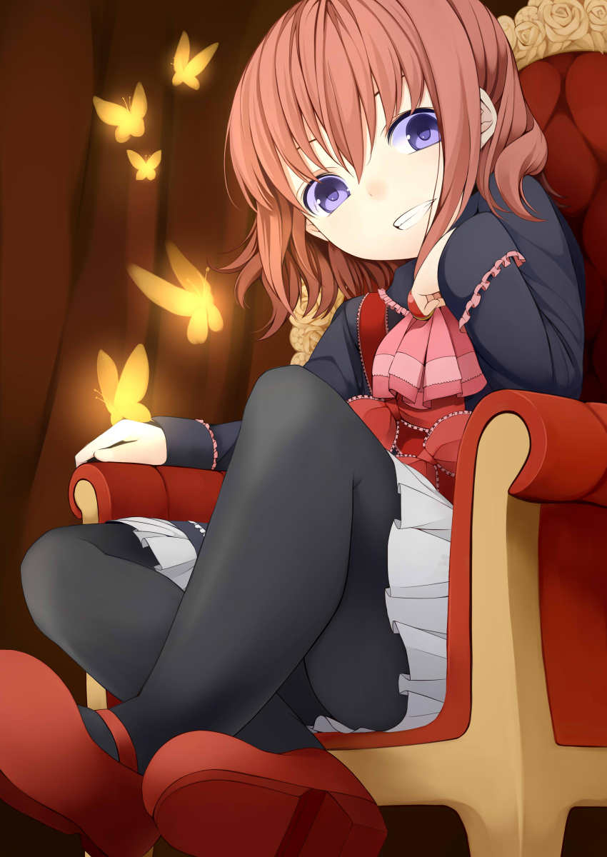 1girl absurdres ascot black_pantyhose brown_hair bug butterfly chair female_focus grin head_rest highres insect maria_(umineko) mary_janes nemu_(nebusokugimi) pantyhose purple_eyes shoes sitting smile solo umineko_no_naku_koro_ni ushiromiya_maria