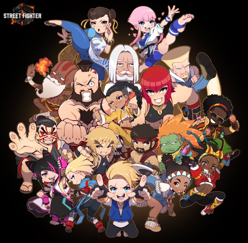 blanka cammy_white capcom chun-li dee_jay dhalsim e._honda guile han_juri highres ken_masters kicking kimberly_jackson manon_legrand marisa_(street_fighter) ryu_(street_fighter) street_fighter zangief
