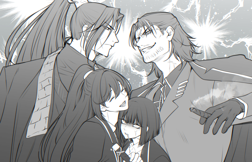 1girl 3boys :d anger_vein beard_stubble black_gloves black_hair black_hanfu chinese_clothes cigar closed_eyes collared_shirt curtained_hair drooling facial_hair gloves grey_scarf grey_vest greyscale grin hair_ornament hanfu high_ponytail highres holding holding_cigar hong_lu_(project_moon) jacket jacket_on_shoulders jia_qiu_(project_moon) lei_heng_(project_moon) limbus_company looking_at_another maki_maki_(makimakipoipoi) monochrome multiple_boys narrowed_eyes open_mouth ponytail project_moon ryoshu_(project_moon) saliva scar scar_on_face scar_on_neck scarf sheath shirt sidelocks smile smoke stubble unsheathing upper_body vest wolf_cut