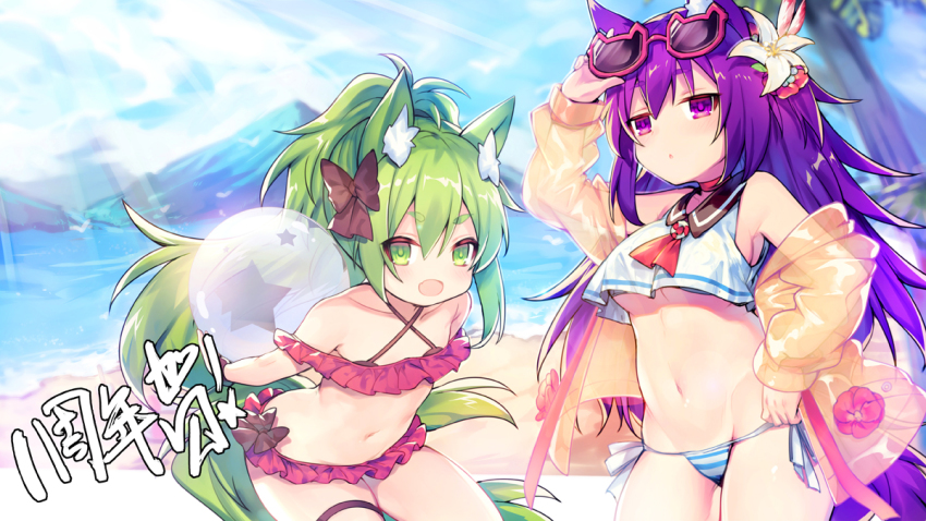 2girls :d animal_ears ao_jun arm_up ascot azur_lane bare_shoulders bikini bikini_bottom_only black_bow black_sailor_collar blue_sky blurry blurry_background blush bow breasts brown_jacket cloud commentary_request crop_top crop_top_overhang day depth_of_field eyewear_on_head fang flower green_eyes green_hair hair_between_eyes hair_bow hair_flower hair_ornament isokaze_(azur_lane) jacket lifebuoy medium_breasts mountain multiple_girls open_clothes open_jacket open_mouth outdoors parted_lips pink_bikini purple_eyes purple_hair red-framed_eyewear red_ascot red_flower sailor_collar see-through_clothes shirt sky sleeveless sleeveless_shirt smile striped_bikini striped_bikini_bottom striped_clothes sunglasses swim_ring swimsuit tail thick_eyebrows urakaze_(azur_lane) white_flower white_shirt