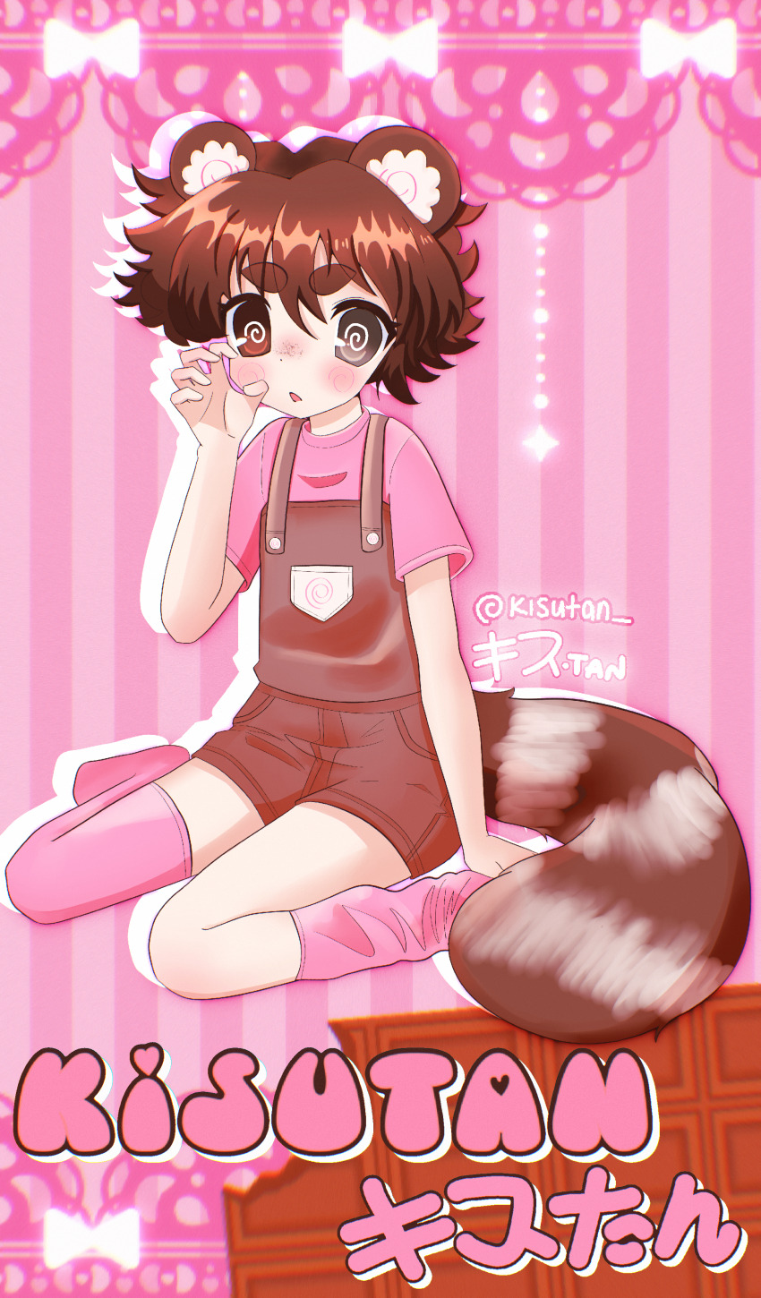 1boy 2000s_(style) @_@ absurdres animal_ears artist_name asymmetrical_legwear blush brown_hair candy chocolate chocolate_bar crossdressing food freckles gao heterochromia highres kamaboko leg_warmers looking_at_viewer male_focus narutomaki open_mouth original overalls pink_background raccoon_boy raccoon_ears raccoon_tail self-upload short_hair solo swirl tail thighhighs trap
