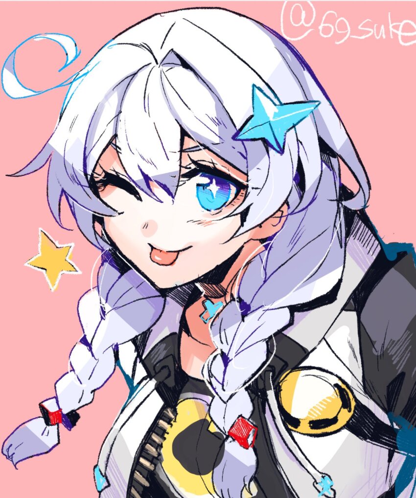 1girl ;) ;p ahoge black_shirt blue_eyes braid bright_pupils commentary_request hair_ornament highres honkai:_nexus_anima honkai_(series) jacket kaneaki_mukku kiana_kaslana long_hair looking_at_viewer one_eye_closed pink_background shirt smile solo star_(symbol) tongue tongue_out twin_braids upper_body white_hair white_pupils
