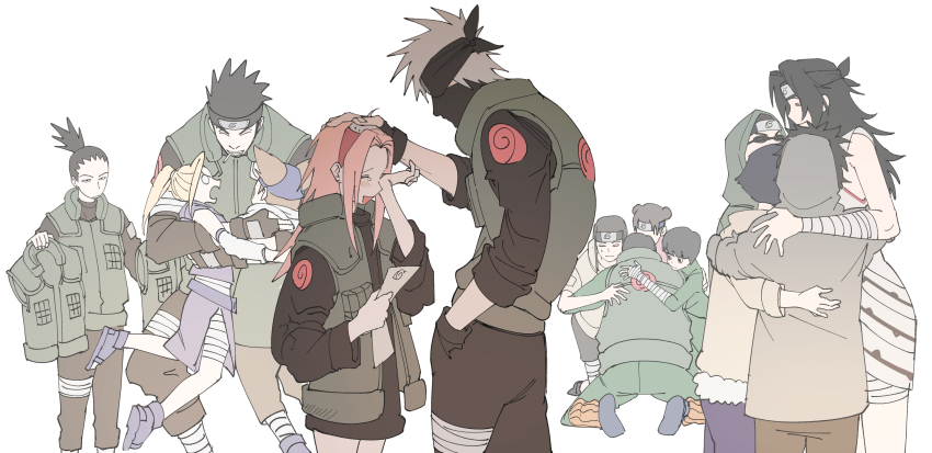 5girls 6+boys absurdres aburame_shino akimichi_chouji baggy_clothes bandaged_ankle bandaged_arm bandaged_hand bandaged_leg bandages black_bodysuit black_hair black_mask bodysuit bowl_cut brown_hair brown_hoodie brown_jacket closed_eyes collared_jacket double_bun easyyoooo forehead_protector fur-trimmed_hoodie fur_trim graduation green_bodysuit green_hoodie green_jacket grin hair_bun hand_on_another&#039;s_head happy happy_tears haruno_sakura hatake_kakashi headpat highres hood hood_up hoodie hug hunched_over hyuuga_hinata hyuuga_neji inuzuka_kiba jacket kneeling konohagakure_symbol leg_warmers long_hair mask might_guy mouth_mask multiple_boys multiple_girls mutual_hug nara_shikamaru naruto naruto_(series) one_eye_covered orange_leg_warmers ponytail rock_lee sarutobi_asuma short_hair sleeveless sleeveless_jacket smile surprised teacher_and_student tears tenten_(naruto) unamused wiping_tears yamanaka_ino yuuhi_kurenai