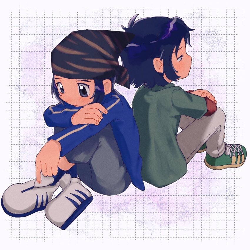 2boys back-to-back bandana black_pants blue_bandana blue_eyes blue_hair blue_jacket brothers digimon digimon_frontier full_body green_jacket grey_pants highres jacket kimura_kouichi male_focus minamoto_kouji multiple_boys pants short_hair siblings sitting takeda_conomi twins white_background
