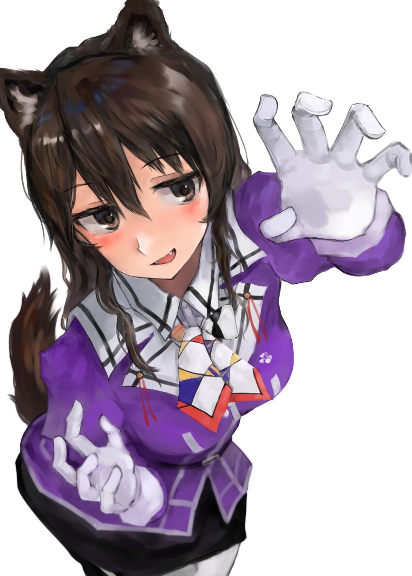1girl 73suke absurdres animal_ears ashigara_(kancolle) ashigara_kai_ni_(kancolle) black_pantyhose brown_eyes brown_hair curled_fingers gloves hair_between_eyes highres jacket kantai_collection military_uniform multicolored_neckerchief neckerchief pantyhose pencil_skirt print_neckerchief purple_jacket simple_background skirt solo tail white_background white_gloves white_pantyhose wolf_ears wolf_tail