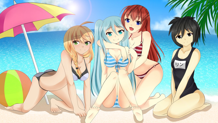 4girls :3 ahoge all_fours aqua_eyes aqua_hair ball beach beach_umbrella beachball bikini black_eyes black_hair blonde_hair blue_eyes braid breasts cleavage cloud commentary_request commission commissioner_upload fang green_eyes hatsune_miku hug hug_from_behind kjersti lens_flare linh long_hair multiple_girls ocean original palm_tree red_hair sand saoirse_(stormwyrm) school_swimsuit seiza self-upload short_hair sinfultofu sitting smile stormwyrm striped_bikini striped_clothes sun sunlight swimsuit the_incarnation_of_hatsune_miku tree twintails umbrella vocaloid