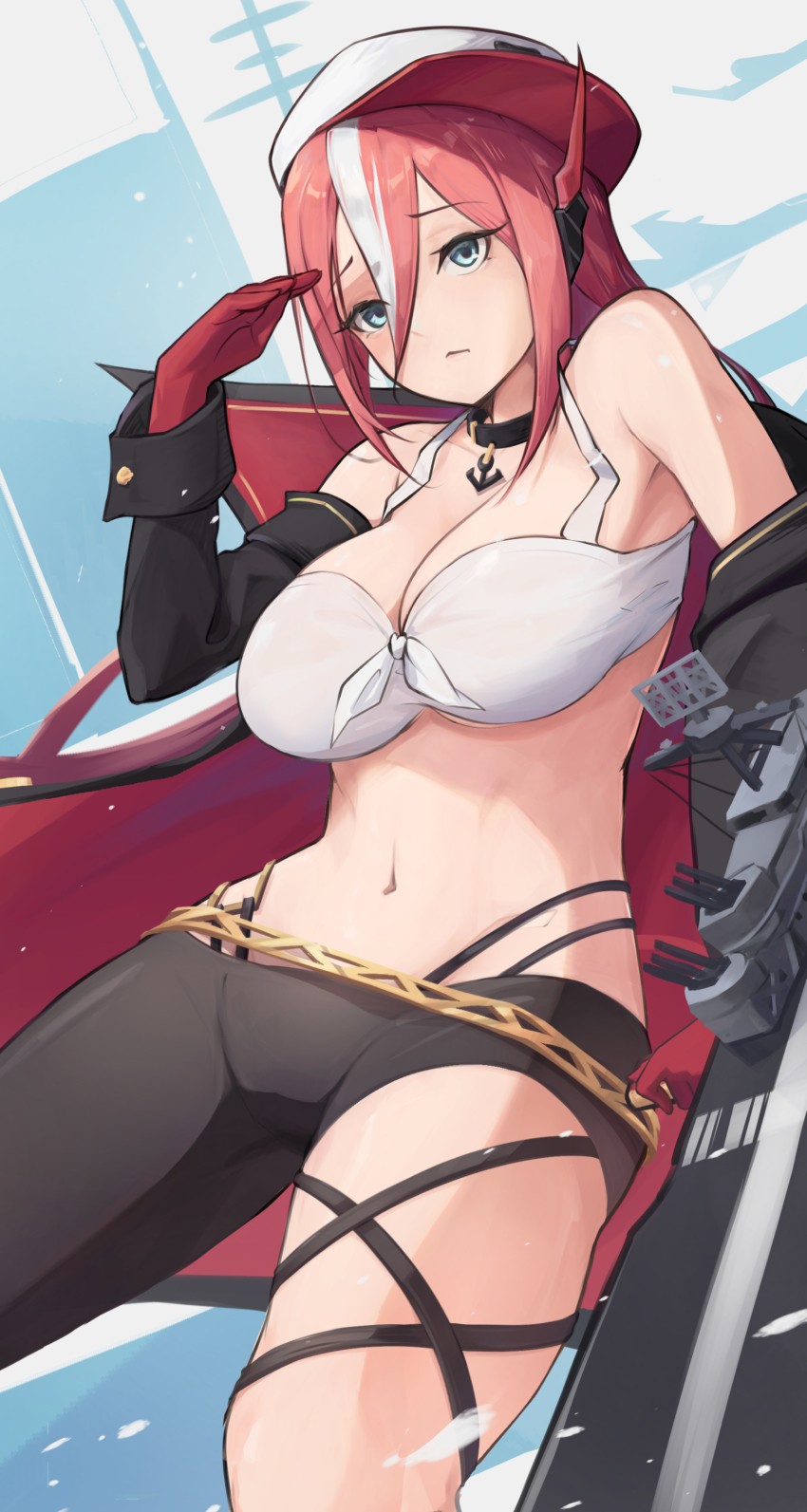 1girl absurdres anchor_choker anti-aircraft anti-aircraft_gun asymmetrical_clothes azur_lane bare_shoulders black_choker black_pants blue_eyes blush breasts choker cleavage closed_mouth coat collarbone commentary cowboy_shot crop_top detached_sleeves flat_cap front-tie_top gloves hair_between_eyes hand_up hat highres kanotype large_breasts long_hair looking_at_viewer midriff navel pants pink_hair ranger_(azur_lane) ranger_(retrofit)_(azur_lane) red_gloves retrofit_(azur_lane) rigging salute sidelocks single_pantsleg sleeveless sleeveless_coat solo standing tank_top thigh_strap tight_clothes tight_pants white_theme