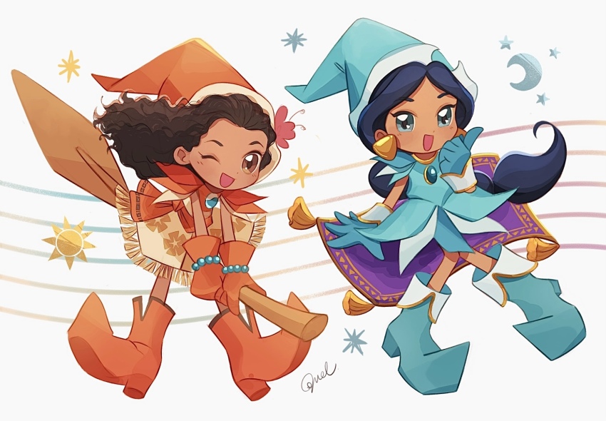 2girls adapted_costume aladdin_(movie) black_hair broom broom_riding brown_eyes brown_hair company_name cosplay curly_hair dark-skinned_female dark_skin earrings highres jasmine_(disney) jewelry long_hair looking_at_viewer melchencanto moana_(movie) moana_waialiki multiple_girls ojamajo_doremi parody smile very_long_hair