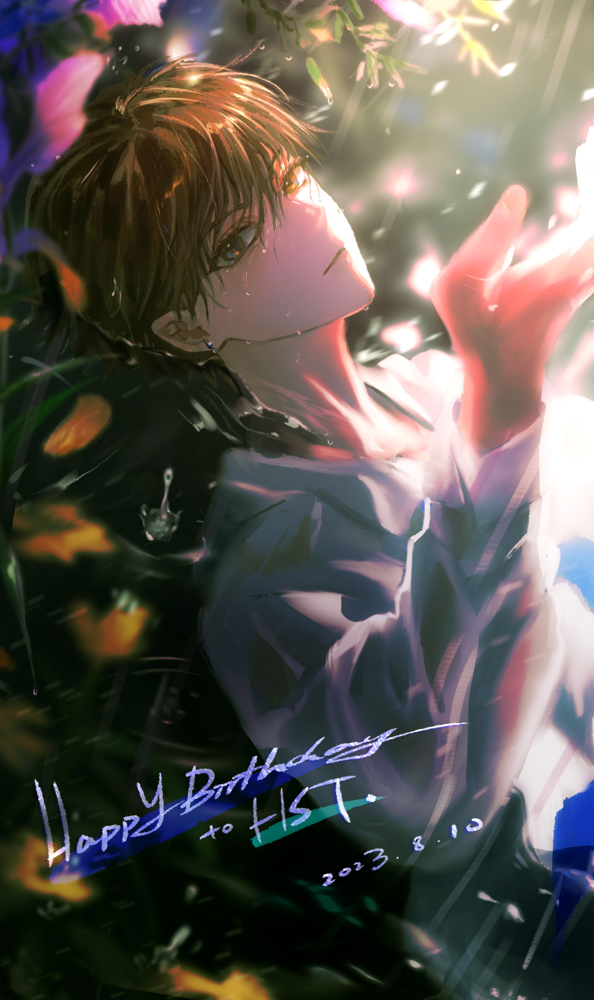 1boy absurdres afloat blonde_hair blurry chinese_commentary dated driedpersimmonisverydelicious earrings eyelashes falling_leaves flower hair_between_eyes hand_up happy_birthday highres huang_shaotian in_water jewelry leaf long_sleeves looking_at_viewer lying male_focus on_back parted_lips partially_submerged quan_zhi_gao_shou rain shade shirt short_hair sidelighting solo sunlight upper_body water water_drop wet wet_clothes wet_hair white_shirt yellow_eyes