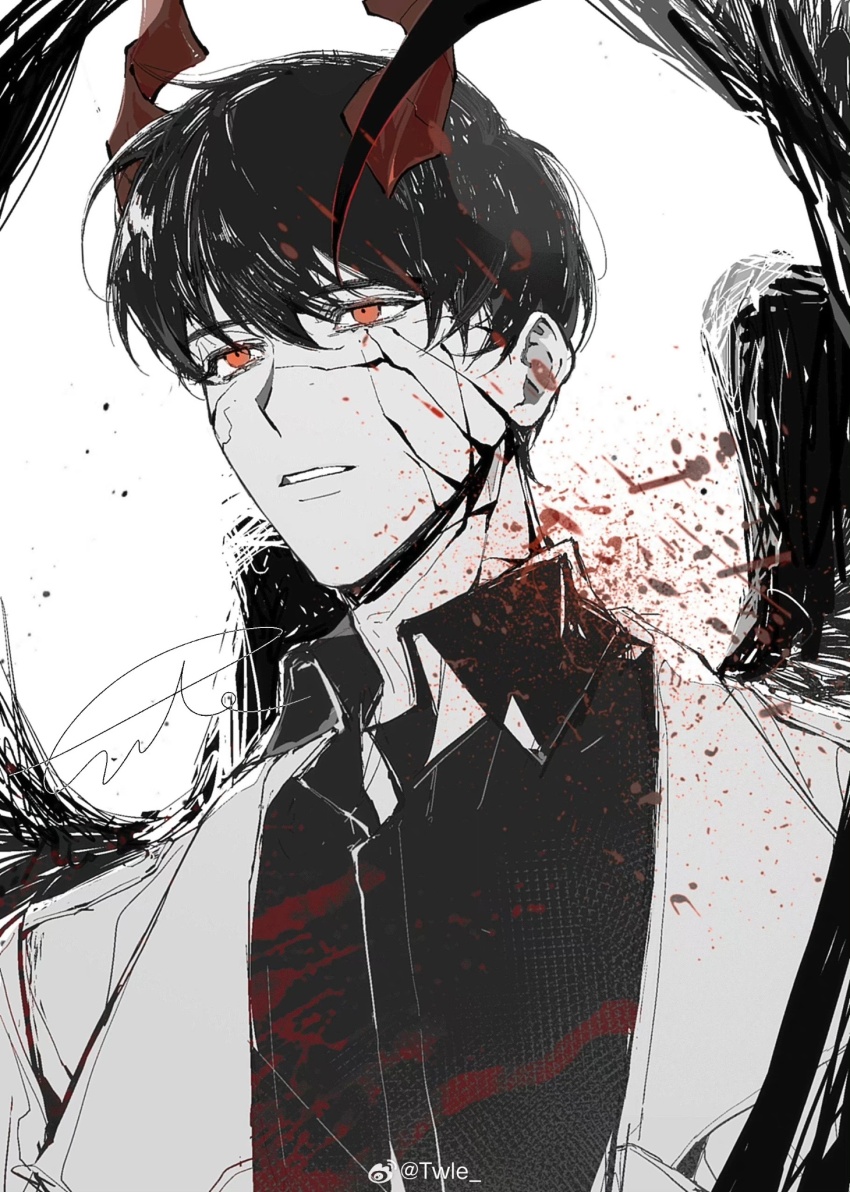 1boy bags_under_eyes black_hair black_shirt black_wings blood blood_splatter broken_skin coat collared_shirt demon_horns feathered_wings highres horns kim_dokja male_focus official_alternate_costume omniscient_reader&#039;s_viewpoint open_clothes open_coat parted_lips red_eyes shirt short_hair solo twle upper_body white_coat wings