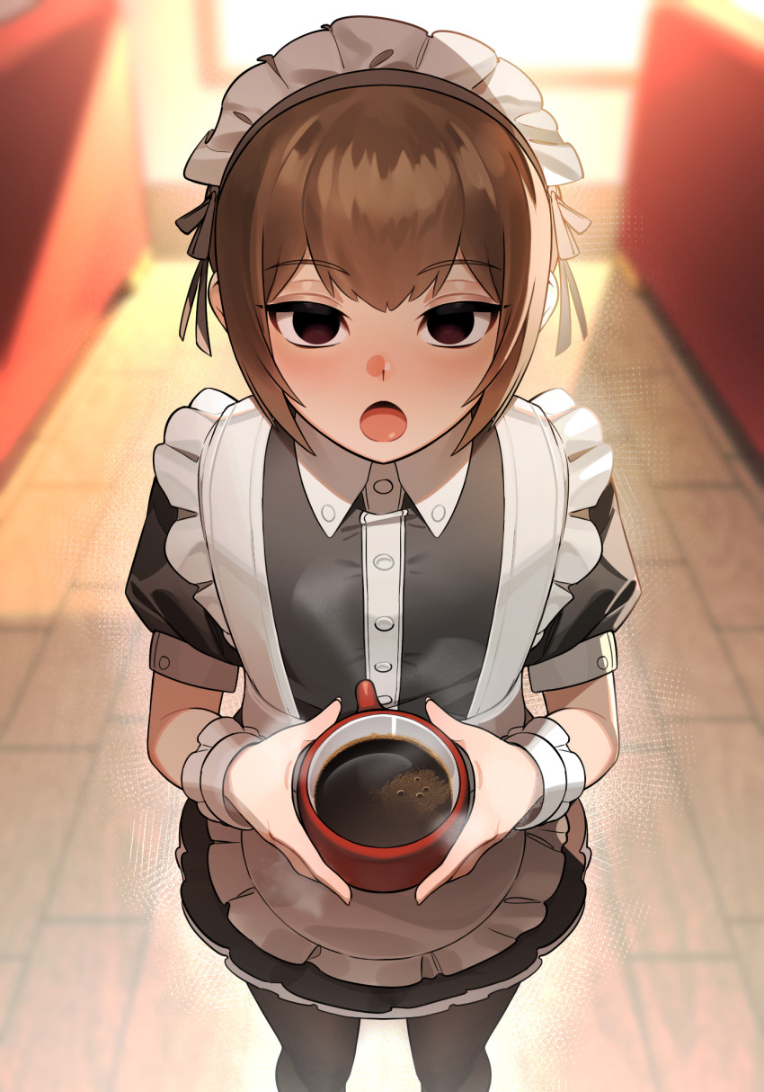 1boy :o apron black_dress black_eyes black_pantyhose brown_hair coffee commentary_request crossdressing crossdressing_(mtf) cup dead_eyes_boy_(in) dress empty_eyes feet_out_of_frame frilled_apron frills highres holding holding_cup in_(ain) korean_commentary looking_at_viewer maid maid_apron maid_headdress male_focus male_maid open_mouth original pantyhose puffy_short_sleeves puffy_sleeves short_hair short_sleeves solo standing steam trap white_apron