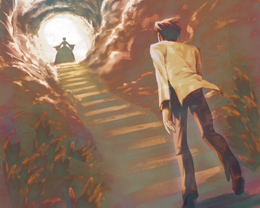 1boy 1girl absurdres beatrice_(umineko) commentary english_commentary highres jacket meipuru9625 outstretched_arms pants short_hair silhouette stairs standing umineko_no_naku_koro_ni ushiromiya_battler walking white_jacket