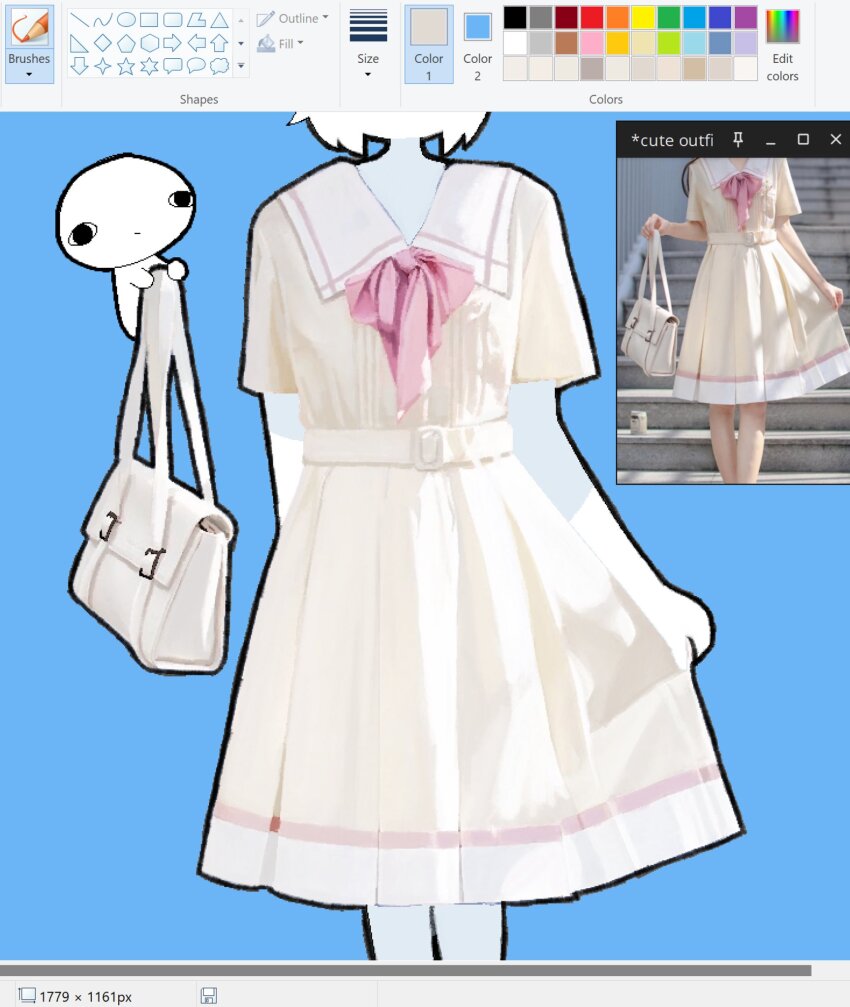1girl art_program_in_frame bag belt blue_background chewchewer clothes_grab colored_skin commentary creature dress dress_grab english_text eyes_out_of_frame facing_viewer feet_out_of_frame floating head_out_of_frame highres holding holding_bag microsoft_paint_(medium) microsoft_paint_(software) nyan_(chewchewer) original photo-referenced reference_inset sailor_collar short_hair sidelighting simple_background standing symbol-only_commentary white_hair white_skin yellow_dress