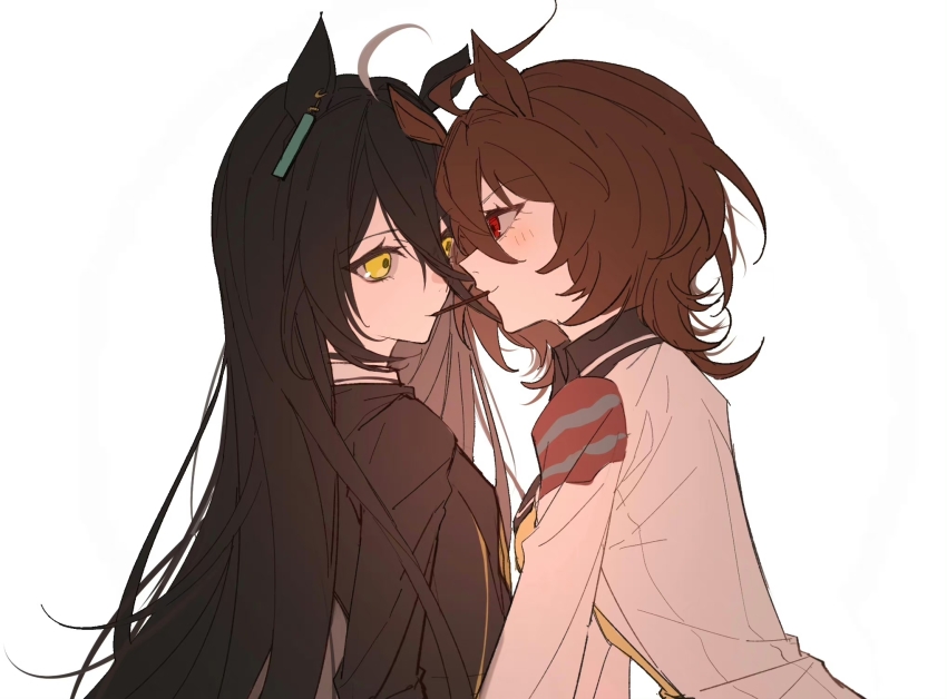 2girls agnes_tachyon_(umamusume) ahoge animal_ears black_hair black_jacket blush breasts brown_hair closed_mouth earrings eye_contact food hair_between_eyes highres horse_ears horse_girl jacket jewelry lab_coat long_hair long_sleeves looking_at_another manhattan_cafe_(umamusume) medium_hair multicolored_hair multiple_girls ninaki999 pocky pocky_kiss red_eyes shared_food simple_background single_earring small_breasts streaked_hair umamusume upper_body white_background yellow_eyes yuri