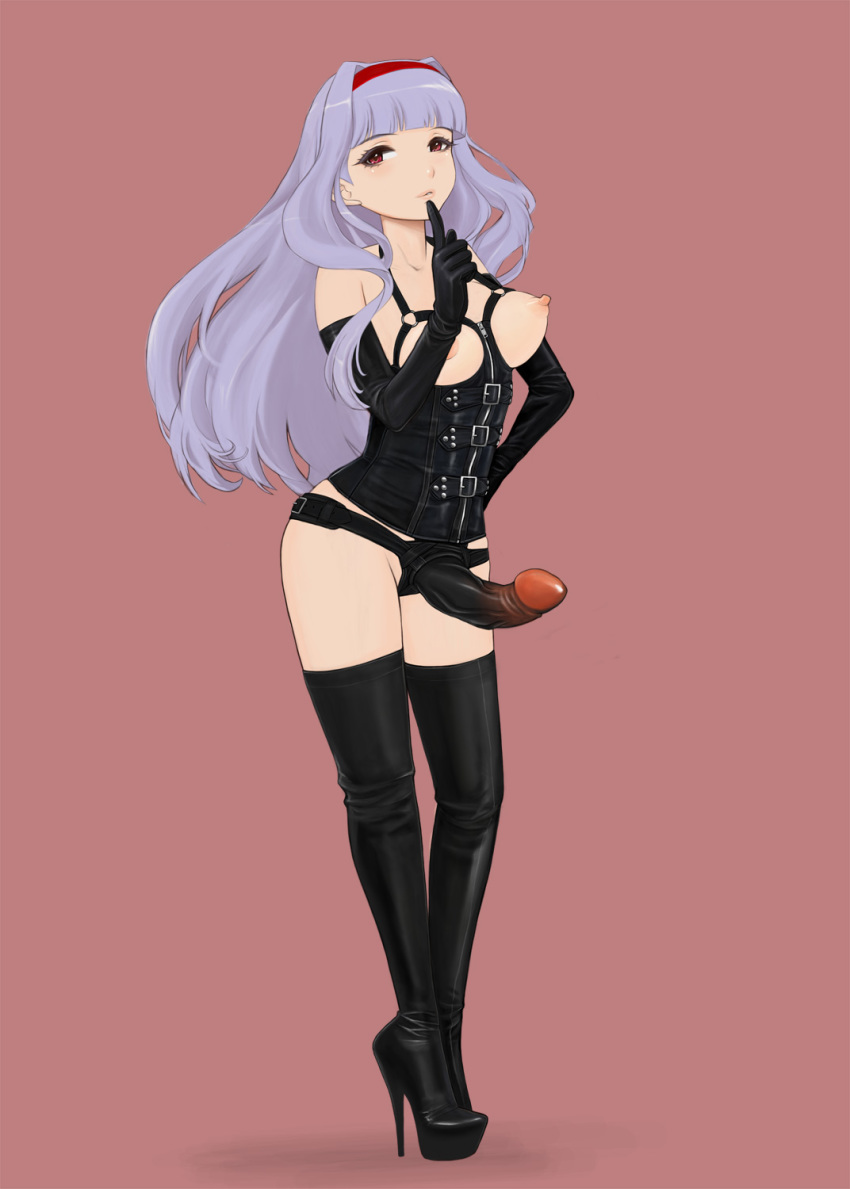 1girl bad_id bad_pixiv_id bdsm black_boots black_gloves blunt_bangs bondage_outfit boots breastless_clothes breasts buckle dildo dominatrix elbow_gloves eyelashes eyeliner female_focus finger_to_mouth full_body gloves hairband hand_on_own_hip high_heel_boots high_heels highres idolmaster idolmaster_(classic) komii leather long_hair looking_at_viewer makeup mascara nipples perky_breasts pink_background red_eyes sex_toy shijou_takane silver_hair simple_background solo standing stiletto_heels strap-on thigh_boots thighhighs uncensored