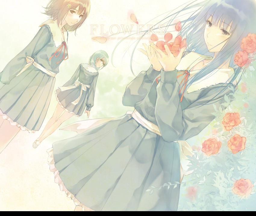 3girls copyright_name female_focus flower flowers_(innocent_grey) glasses hair_flower hair_ornament hairclip hanabishi_rikka highres innocent_grey kousaka_mayuri multiple_girls petals ribbon rose school_uniform shirahane_suou short_hair text_focus