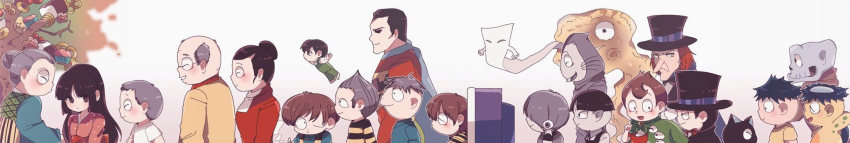 4girls 6+boys akuma-kun apukoma black_hair brown_hair character_request copyright_request gegege_no_kitarou grey_hair hat highres hyakume_(akuma-kun) japanese_clothes kappa_(kappa_no_sanpei) kappa_no_sanpei kimono kitarou long_image long_nose medama_oyaji mephisto_ii mizuki_shigeru_(style) monster multiple_boys multiple_girls nekomusume nezumi_otoko old old_man old_woman one_eye_closed pink_kimono red_hair sanpei_(kappa_no_sanpei) shirt short_hair striped_clothes striped_shirt striped_vest superhero_costume top_hat umoregi_shingo vest wide_image