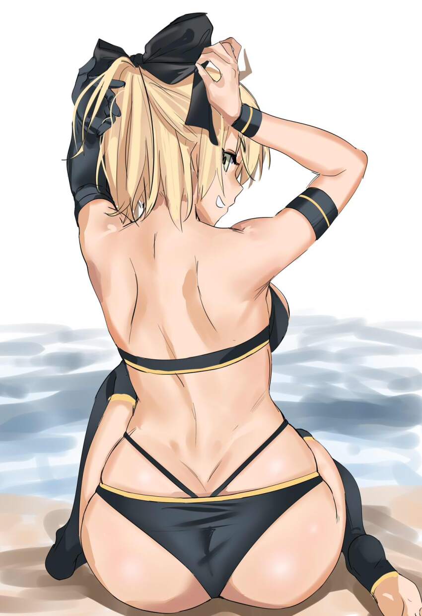 1girl ahoge arms_behind_head arms_up ass back bare_shoulders bikini black_bikini black_bow black_gloves black_thighhighs blonde_hair bow breasts das_(dan_dan) elbow_gloves fate/grand_order fate_(series) gloves grin hair_bow half_updo highres large_breasts looking_at_viewer looking_back okita_j._souji_(fate) okita_j._souji_(first_ascension)_(fate) okita_souji_(fate) shore short_hair single_glove sitting smile solo swimsuit thigh_strap thighhighs thighs wristband yellow_eyes